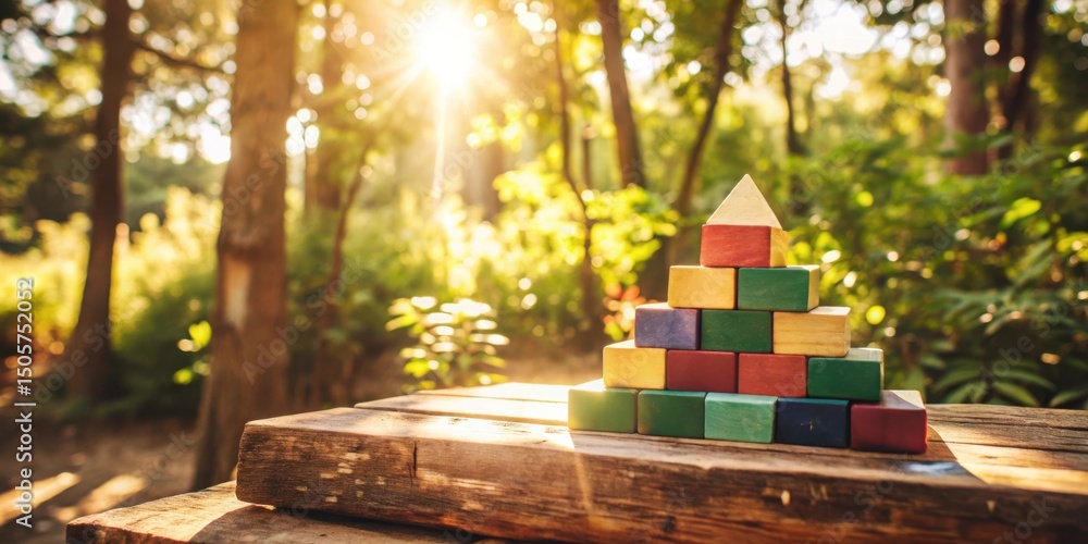 Poster Wooden Blocks Stacked in a Pyramid Shape on a Wooden Table in a Forest Setting with the Sun Shining Through the Trees