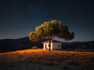 Minimalist Night Landscape with Orange Tree and Small House Ai
