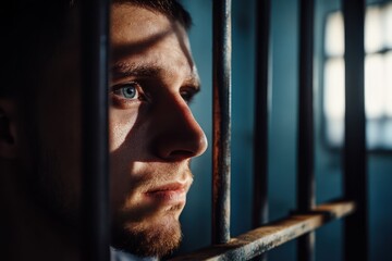 Sad male prisoner looking through jail bars