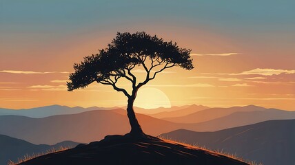 Minimalist Vector Illustration of a Single Tree on a Mountain at Sunset Ai