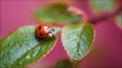 A vivid close-up of a ladybug crawling on a green leaf, showcasing its shiny red shell with black spots and delicate legs in sharp macro detail.