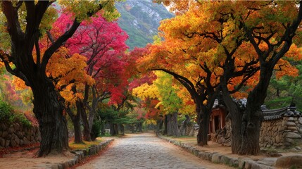 A peaceful path winds through a forest of vibrant autumn trees, with leaves in red, orange, and yellow hues, framed by rustic stone walls and distant mountains.