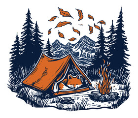 Cozy Camping Scene with Fox, Tent, and Campfire in Nature