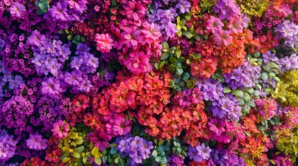 Obraz premium Vibrant wall of colorful flowers creating a stunning vertical garden display in a well-maintained urban setting