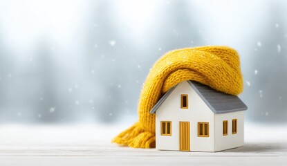 Cozy winter home.  A miniature house wrapped in a warm yellow scarf, suggesting protection from winter's chill