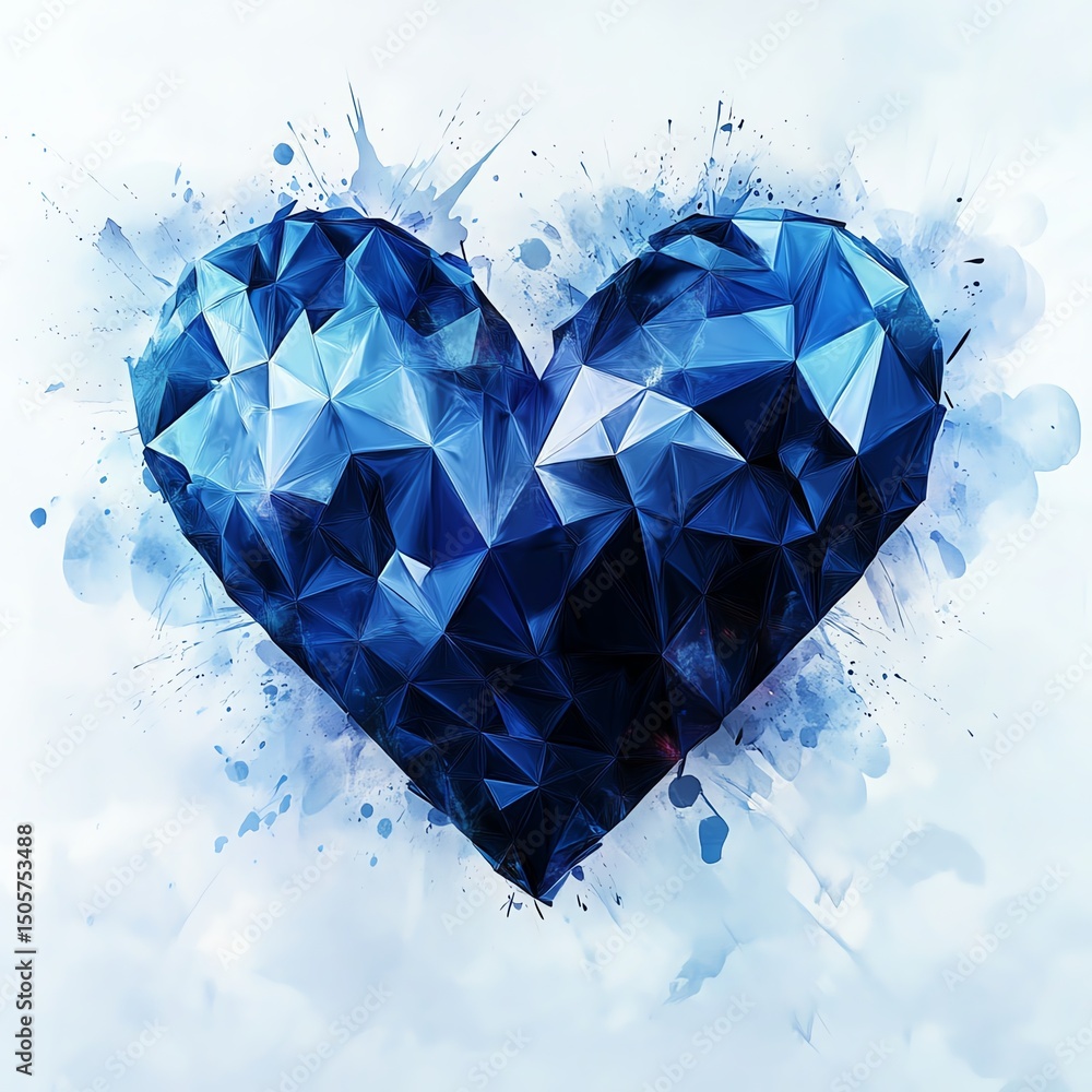 Poster a geometric heart design composed of blue and black triangular facets against a dynamic background o