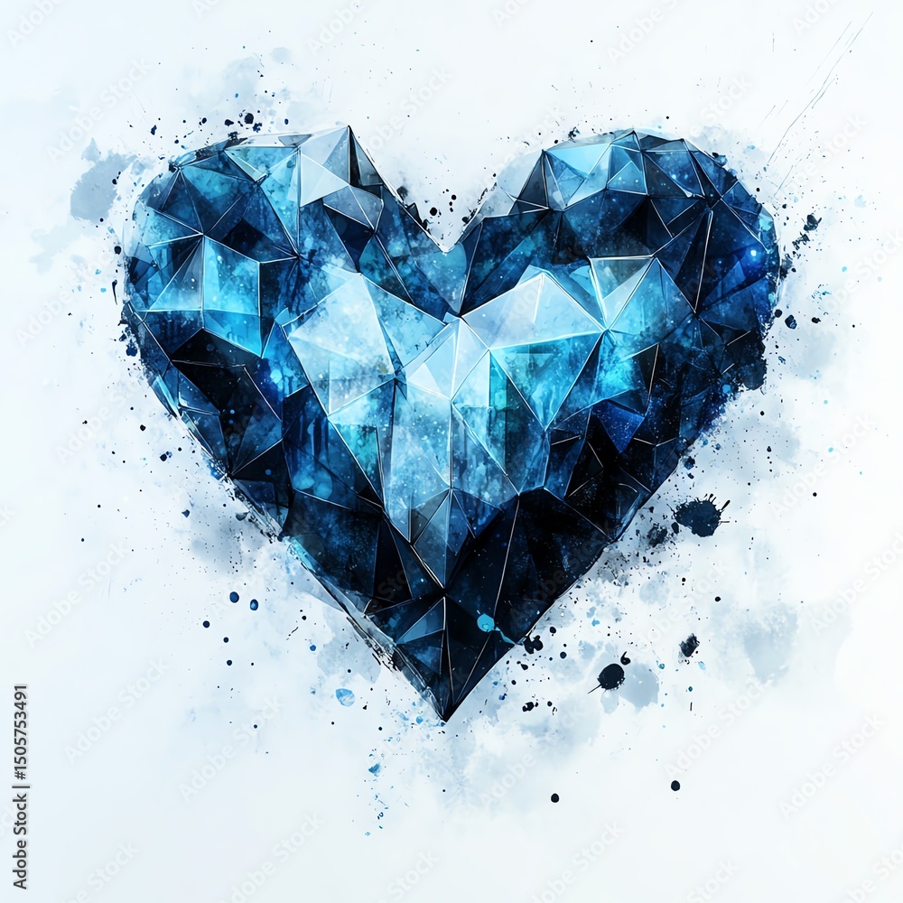 Poster a geometric heart design composed of blue and black triangular facets against a dynamic background o