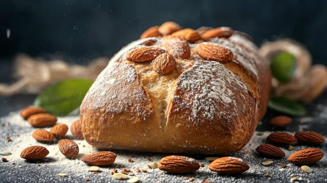 Freshly baked artisan bread with almonds and flour dusting