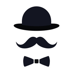 Classic gentleman silhouette bowler hat mustache bow tie