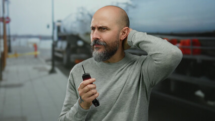 Man holding car keys looking confused on an urban street, featuring a bald bearded person in a city setting, with a truck and road elements in the background.