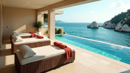 Fototapeta premium Luxurious oceanside retreat with infinity pool and scenic views.