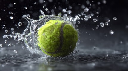 A tennis ball splashes into water, captured mid-motion with droplets flying and vivid detail, set against a dramatic black background highlighting the energy of impact.