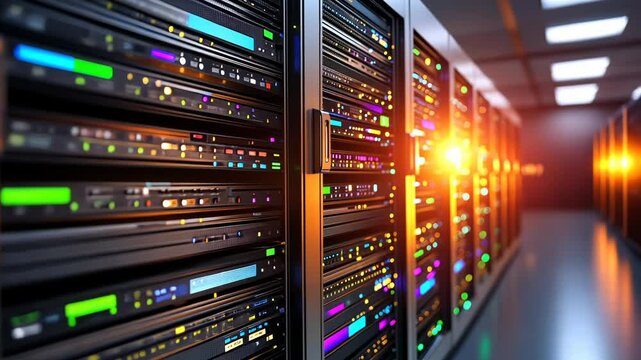 Rows of illuminated server racks in a modern data center