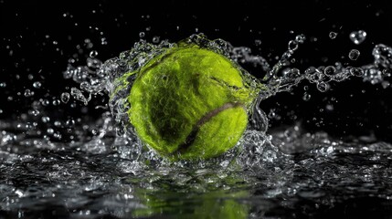 A tennis ball splashes into water, captured mid-motion with droplets flying and vivid detail, set against a dramatic black background highlighting the energy of impact.