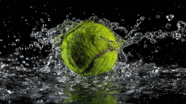A tennis ball splashes into water, captured mid-motion with droplets flying and vivid detail, set against a dramatic black background highlighting the energy of impact.