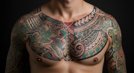 Stunning Polynesian chest tattoo vibrant colors intricate design body art masterpiece
