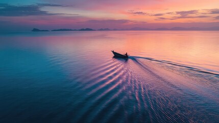 A lone boat glides across calm ocean waters under a breathtaking sunset sky, casting ripples behind it as hues of pink, purple, and blue reflect on the serene sea.