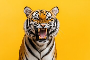 Fototapeta premium Close-up of roaring Bengal tiger on solid color background