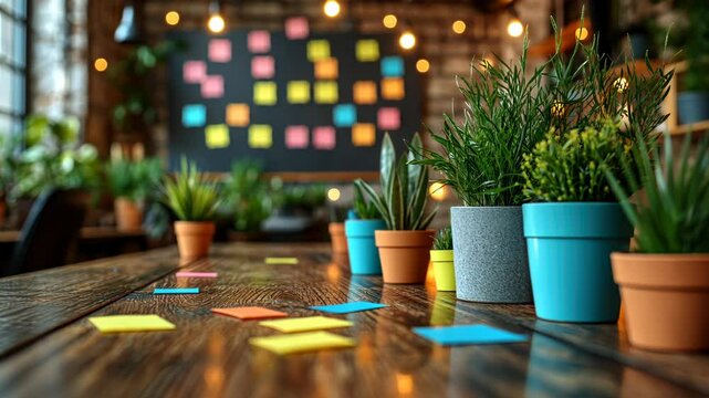 Vibrant plants adorn a rustic wooden table, scattered with colorful sticky notes, set against a blackboard with more notes, suggesting a creative workspace
