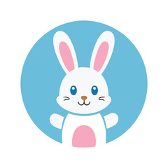 Adorable white bunny rabbit in blue circle cartoon illustration
