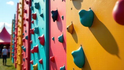 Colorful climbing walls at outdoor adventure park in bright daylight.