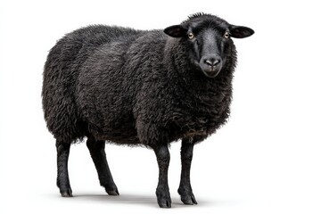 A striking black sheep stands against a white background. Its wool is thick and dark, and its gaze is direct.