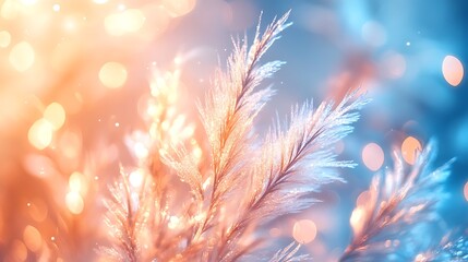 Artistic close-up of frosted glass pane, light feathered frost patterns, blurred pastel blue and golden lights glowing from behind, magical atmosphere. Created Using: Wide-angle macro lens,