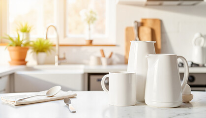 White ceramic kitchenware on countertop in bright modern kitchen  