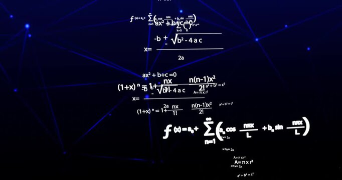 Render 3d animation abstract mathematics concept formulas and calculations like Area of the circle expansion of a sum, Binomial theorem, render animation accompanied by a plexus background
