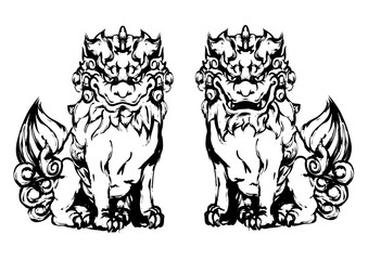 Guardian Komainu - Japanese Shrine Lion Dog in Ink