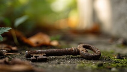 Rusty Key on Moss-Covered Ground