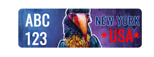 A New York license plate with vibrant toucan bird on purple background