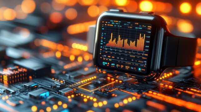 Smartwatch Displaying Data Analytics on Circuit Board Background