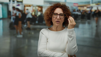 Woman standing in a busy airport terminal making a hand gesture with a serious expression showing...