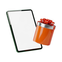 Obraz premium 3D tablet with blank screen and orange gift box for digital promotions
