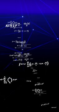 Abstract Mathematical background with equations and formulas like, Area of circle expansion of a sum, binomial Theorem, render animation accompanied by a plexus background Math flying