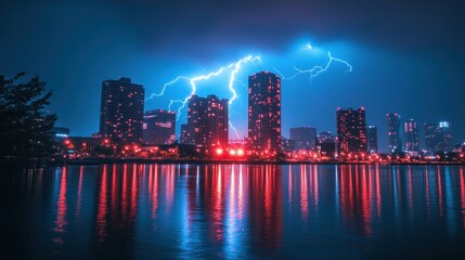 Fototapeta premium Cityscape lightning storm night reflection waterfront