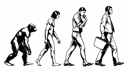 Illustration showing the evolution of man from ape to suited businessman walking with a briefcase forward |eps vectors