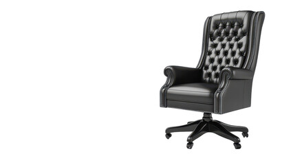 A black leather executive chair with a high back, tufted upholstery, and a swivel base, sits against a dark background