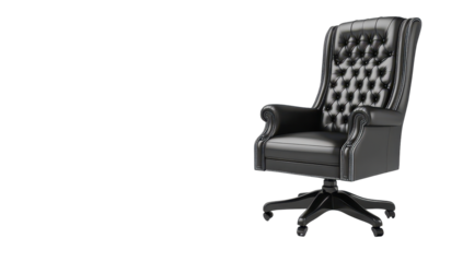 A black leather executive chair with a high back, tufted upholstery, and a swivel base, sits against a dark background