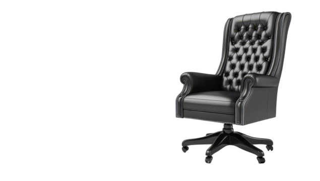 A black leather executive chair with a high back, tufted upholstery, and a swivel base, sits against a dark background
