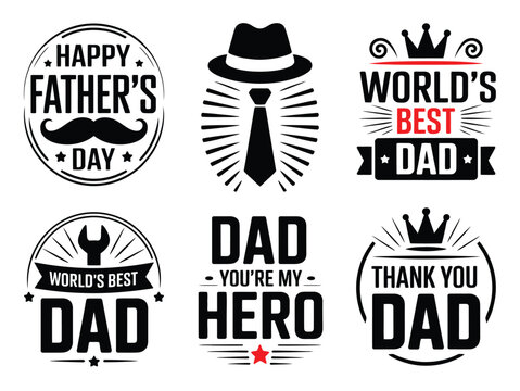 Happy Father's Day sticker. Male badges with hat, mustache and tie, World's Best Dad, My Hero, Thank you Dad, Happy Father's Day.