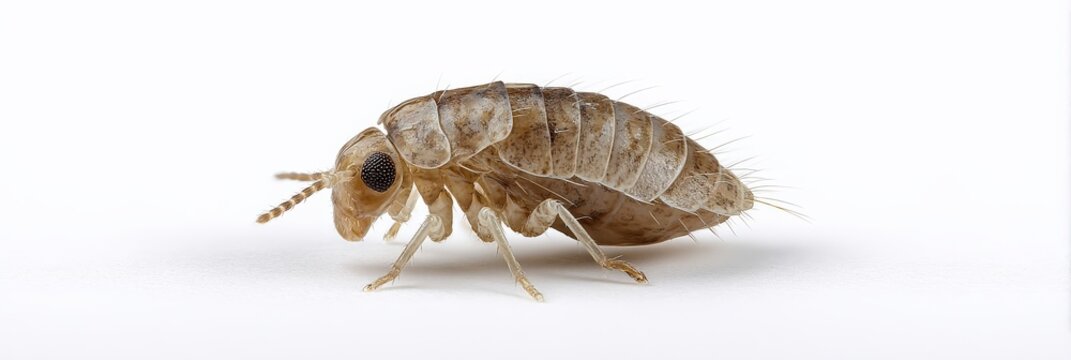 Detailed close-up of a booklouse insect against a white background.