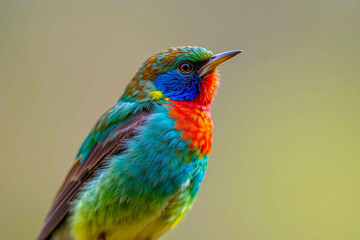 Obraz premium Colorful Painted Bunting Bird Perched in Nature, Showcasing Its Vivid Blue, Green, and Red Plumage in a Serene Natural Setting, Vibrant Wallpaper