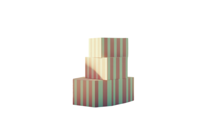 Three pastel pink and white striped cube-shaped objects stacked to resemble a tiered cake, set against a black background.  Illumination emphasizes the top cube