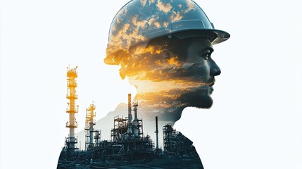 Double exposure of a construction worker and an industrial plant, an oil production industry concept with a man in a helmet profile view on a white 
