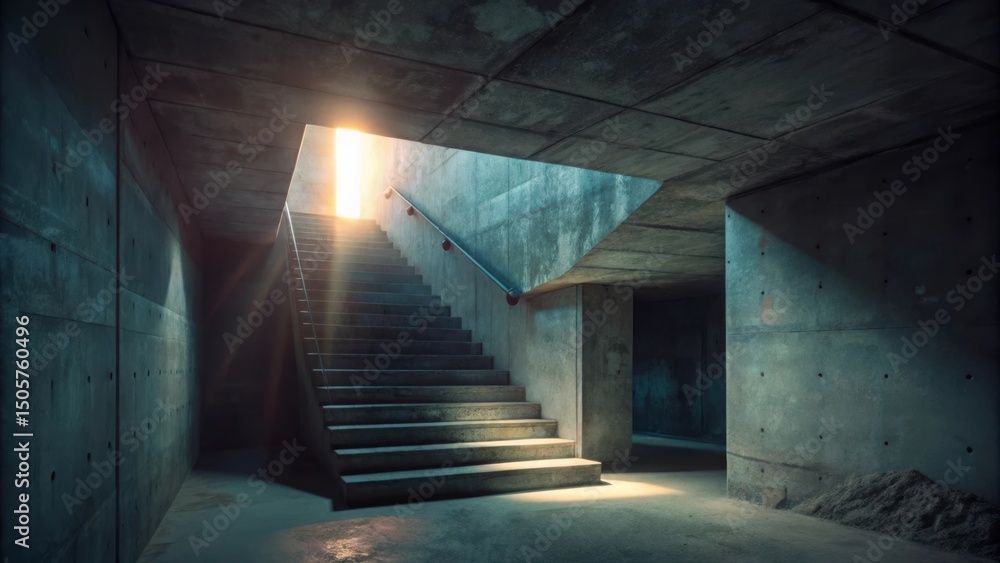 Aufkleber a concrete staircase leading towards a bright light at the end of a dimly lit hallway.