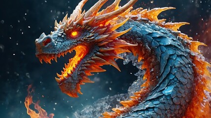 Fiery And Icy Dragon In Flight, Abstract Digital Artwork