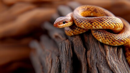 Naklejka premium Snakes on Branch Close Up - A closeup of a small snake coiled on a weathered wood branch. Nature, wildlife, reptile, texture, detail
