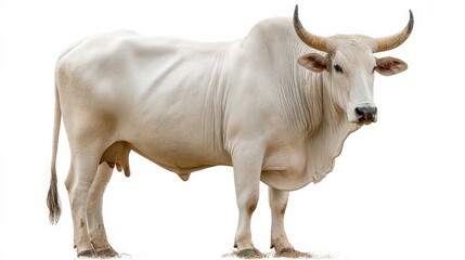 A majestic white bull stands against a stark white background, showcasing its imposing stature and serene demeanor.